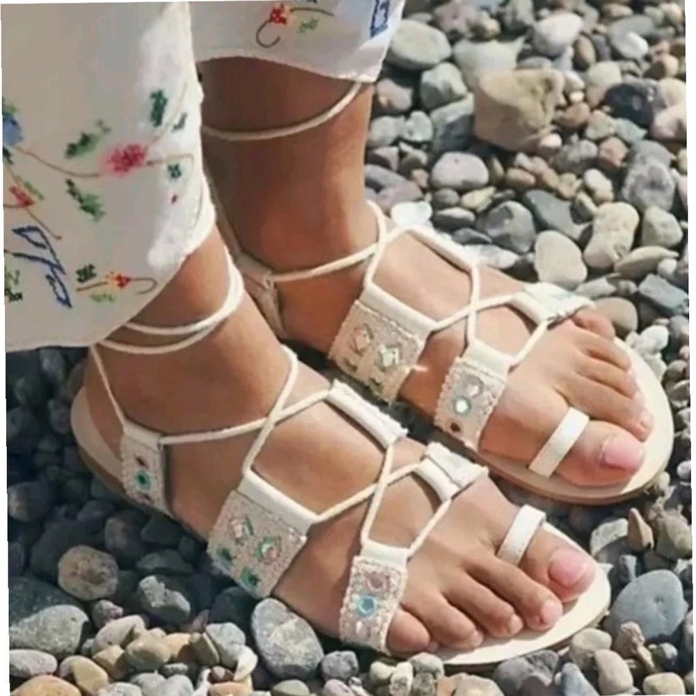 Free People Boho Crochet Mantra Mirror Lace Up Sandals Cream Ankle Wrap 36